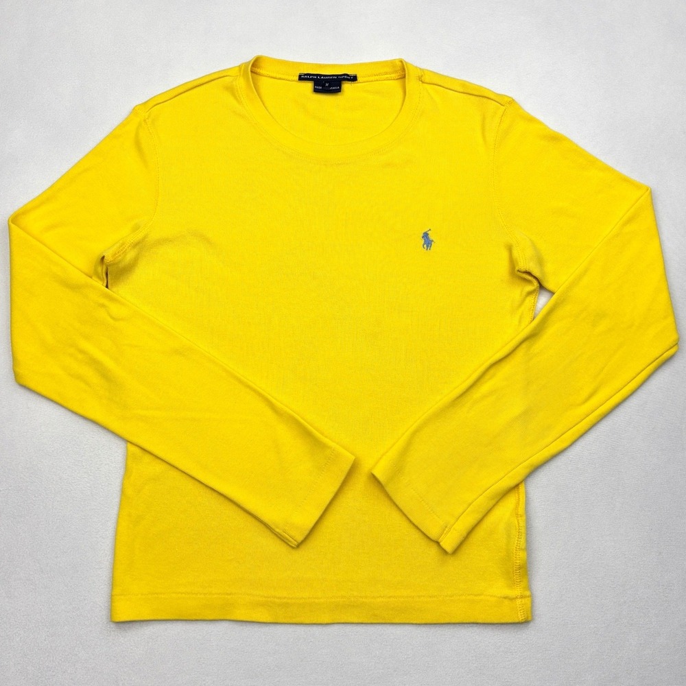 Ralph Lauren Sport Womens Medium Ribbed Long Sleeve T Shirt Yellow Blue Pony Top
